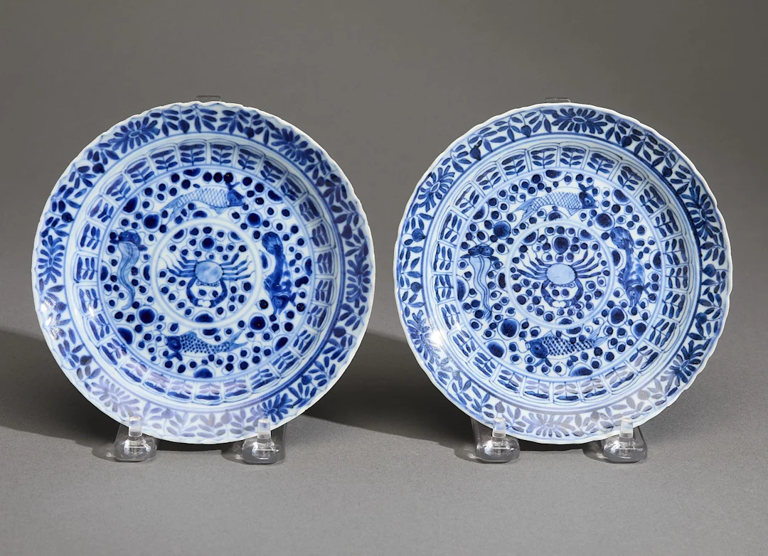 Pr Chinese Kangxi Porcelain Sea Creature Plates