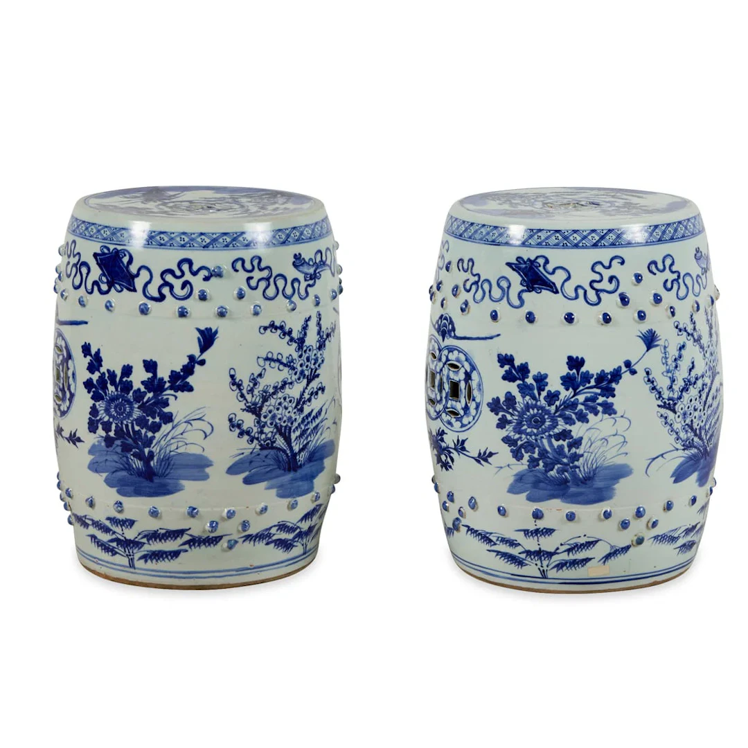 Pr Chinese B&W Porcelain Floral Garden Stools