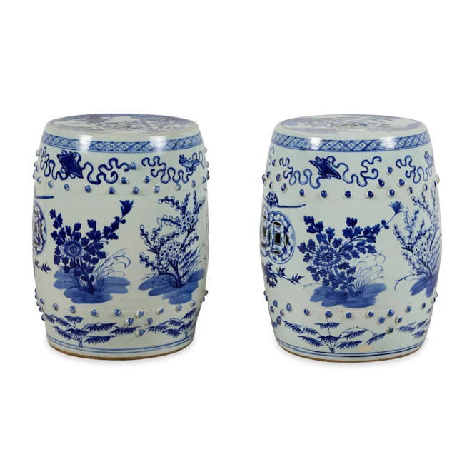 Pr Chinese B&W Porcelain Floral Garden Stools