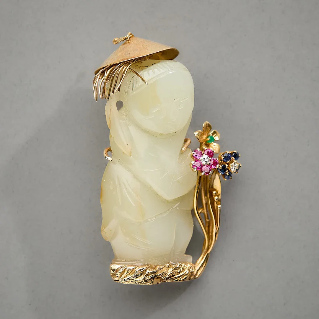 14k Yellow Gold Mounted Figural Jade Pendant