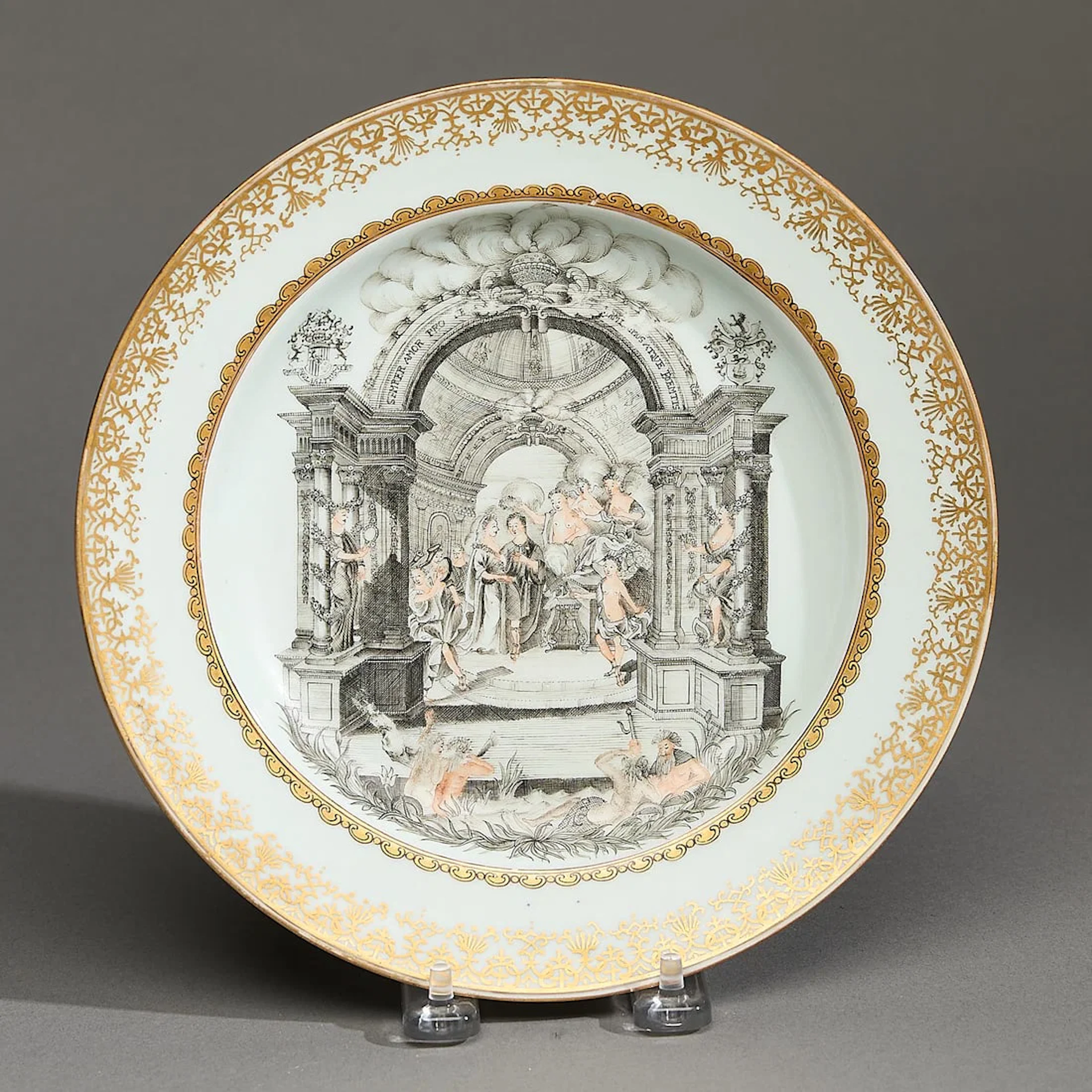 Dutch Market Grisaille Armorial Marriage Plate