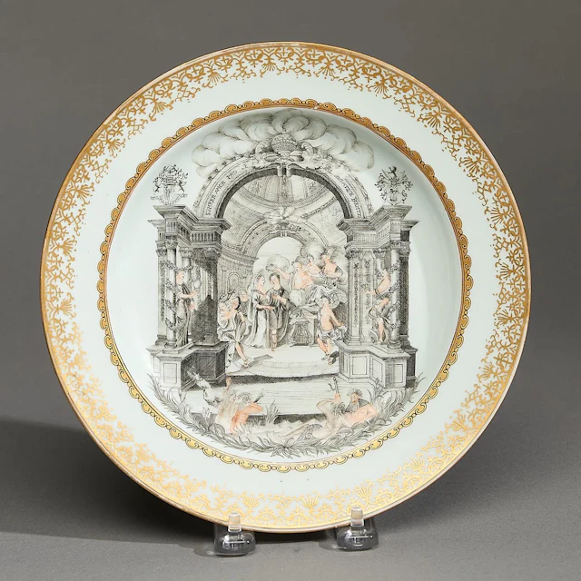 Dutch Market Grisaille Armorial Marriage Plate