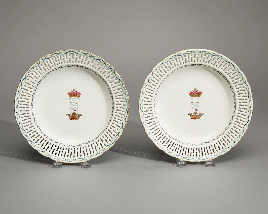Pair Crested Plates w/ Reticulated Rims - Fane