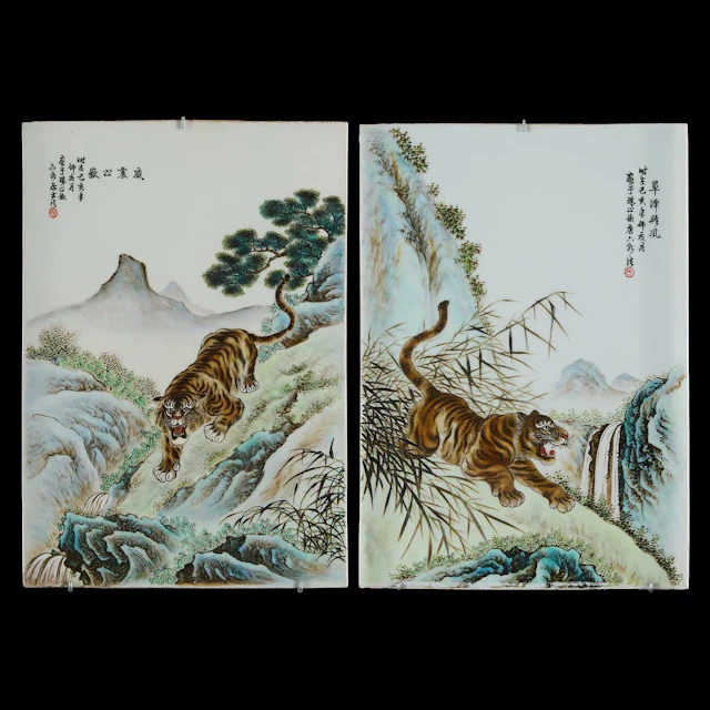 Pr Chinese Qing Porcelain Plaques of Tigers