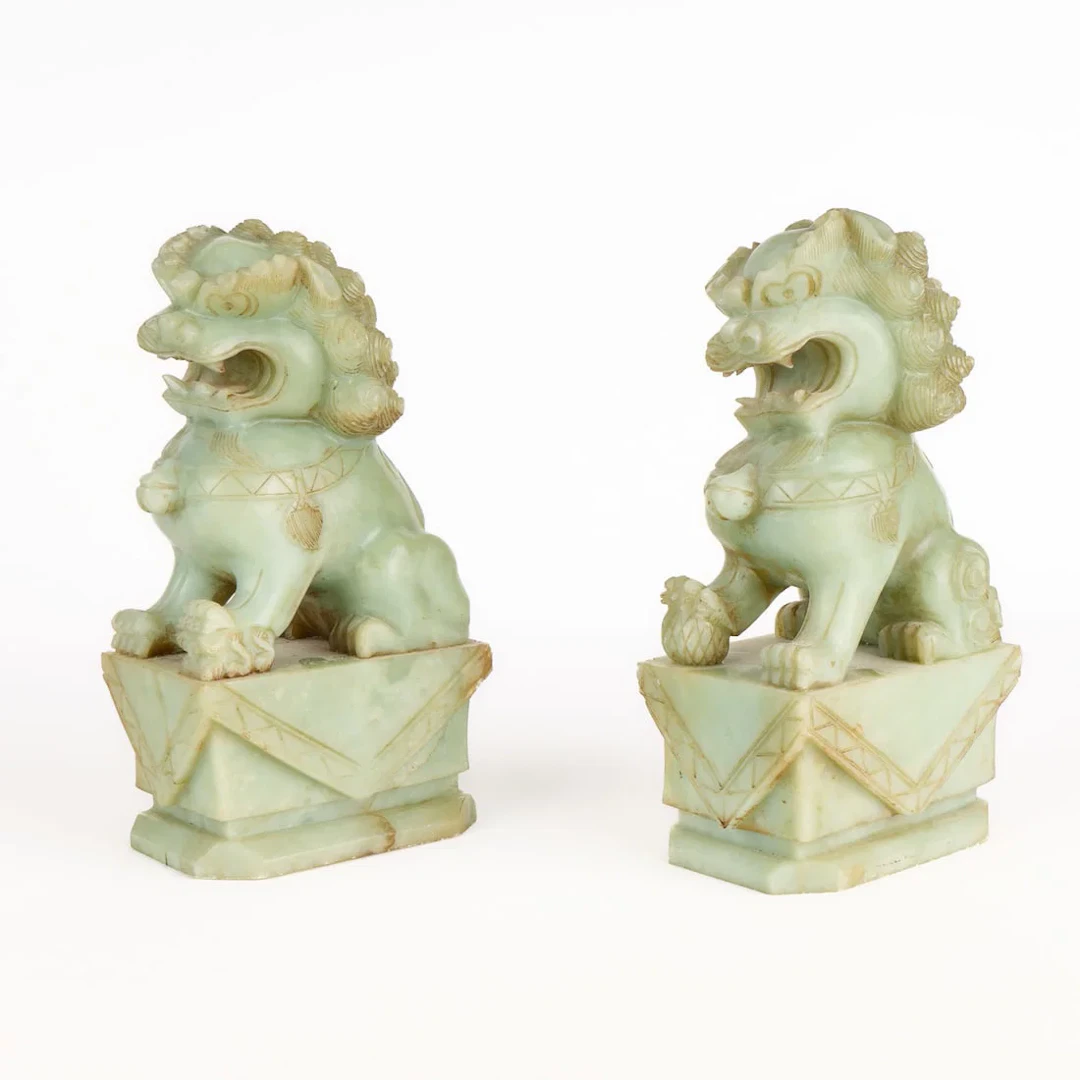 Pair Chinese Carved Serpentine Foo Dog Sculptures