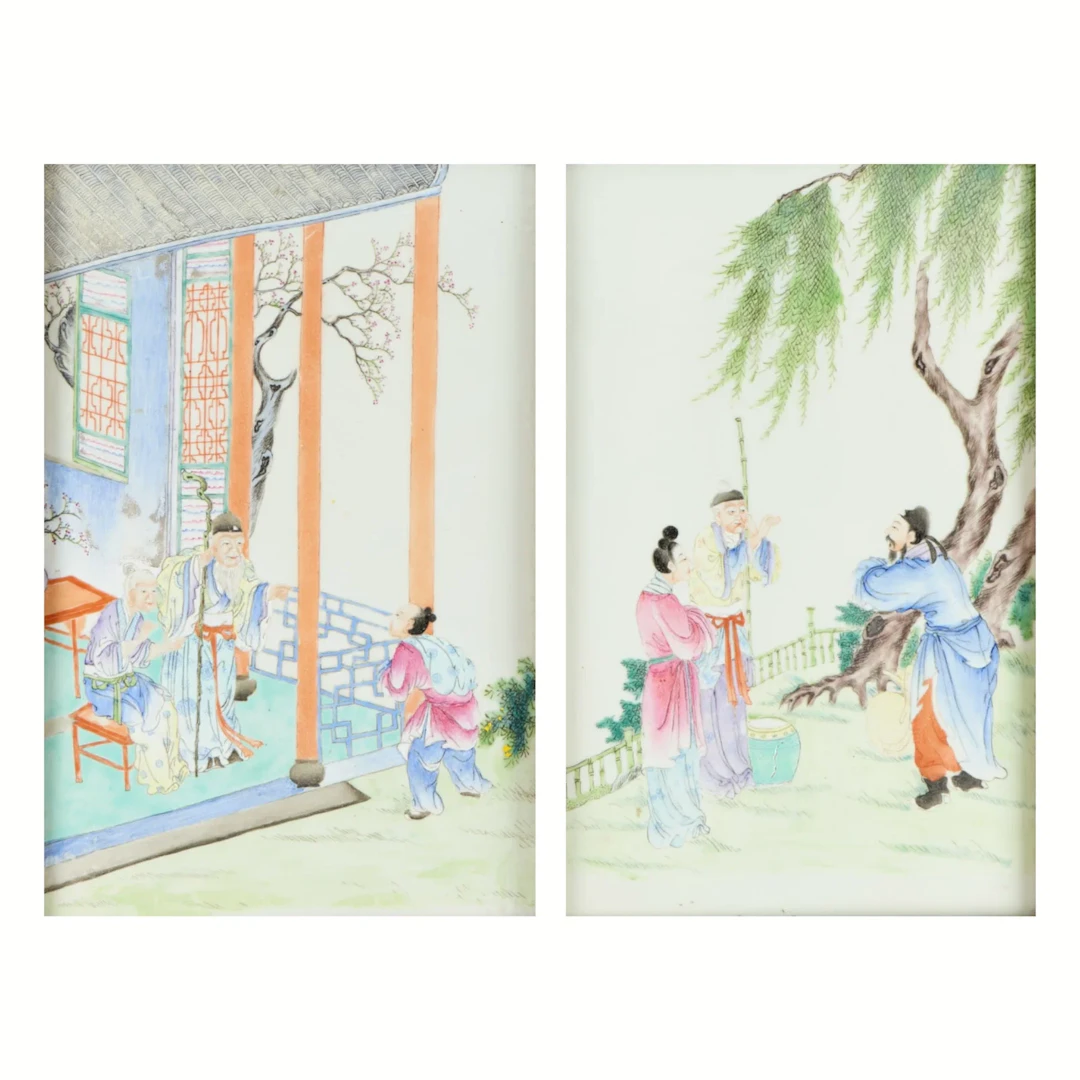 2 Chinese Qing Famille Rose Porcelain Plaques