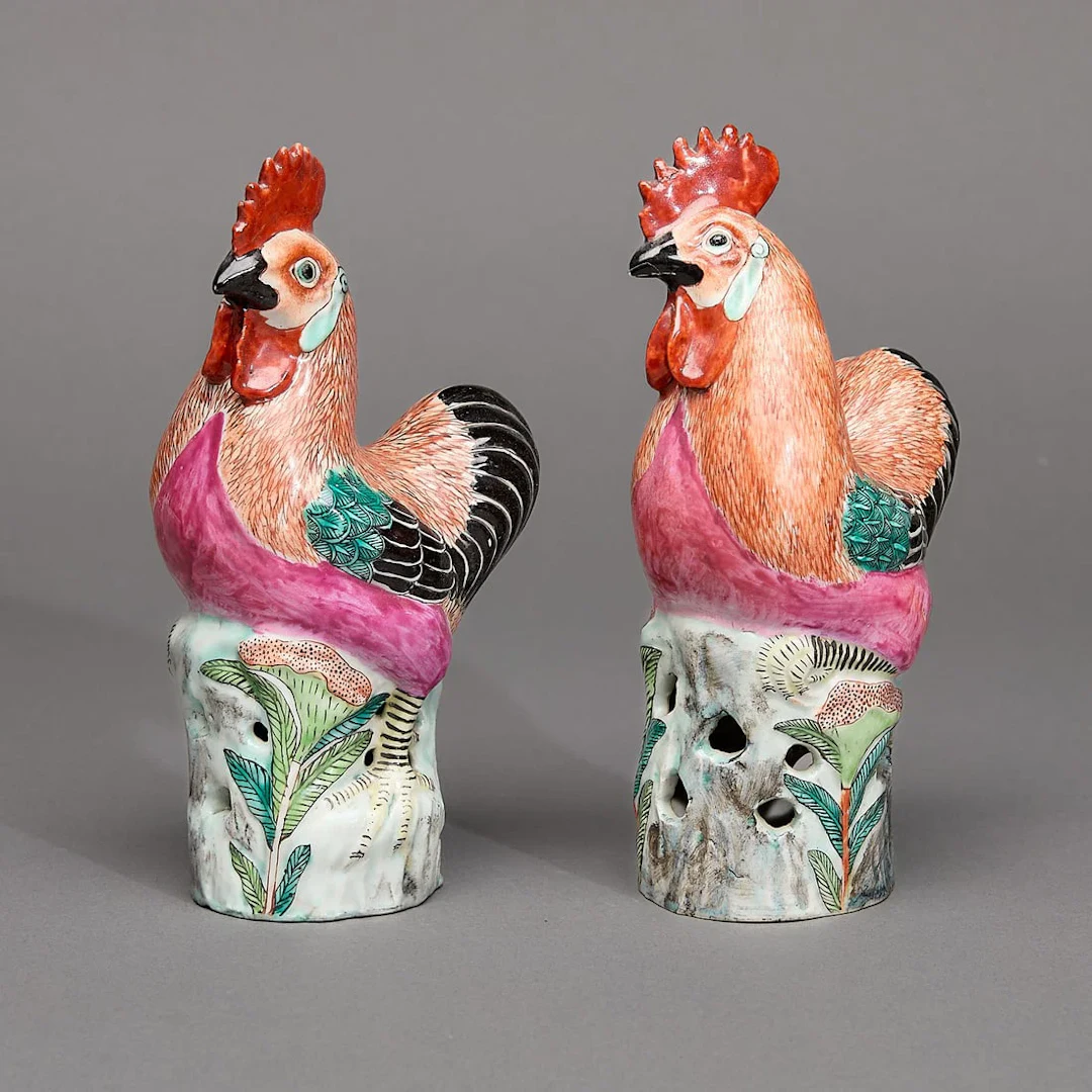 Pair Small Chinese Export Rooster Figures