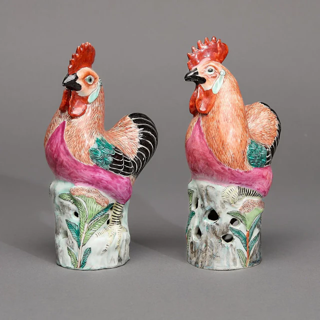 Pair Small Chinese Export Rooster Figures
