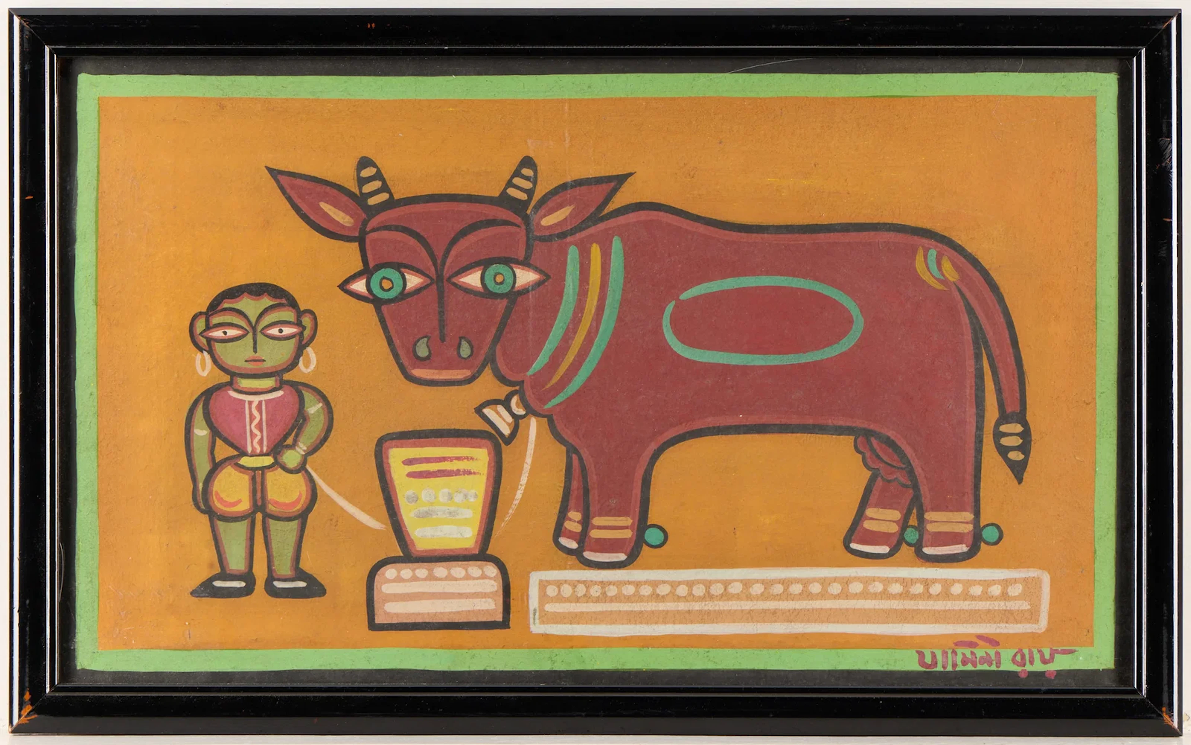 Attr. Jamini Roy Red Cow Tempera on Board Painting