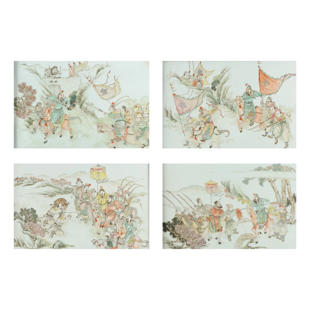 4 Chinese Famille Rose Porcelain Battle Plaques