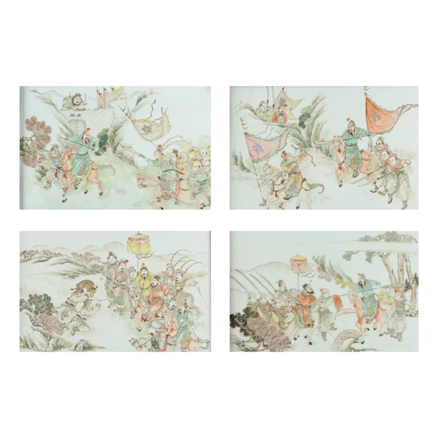4 Chinese Famille Rose Porcelain Battle Plaques