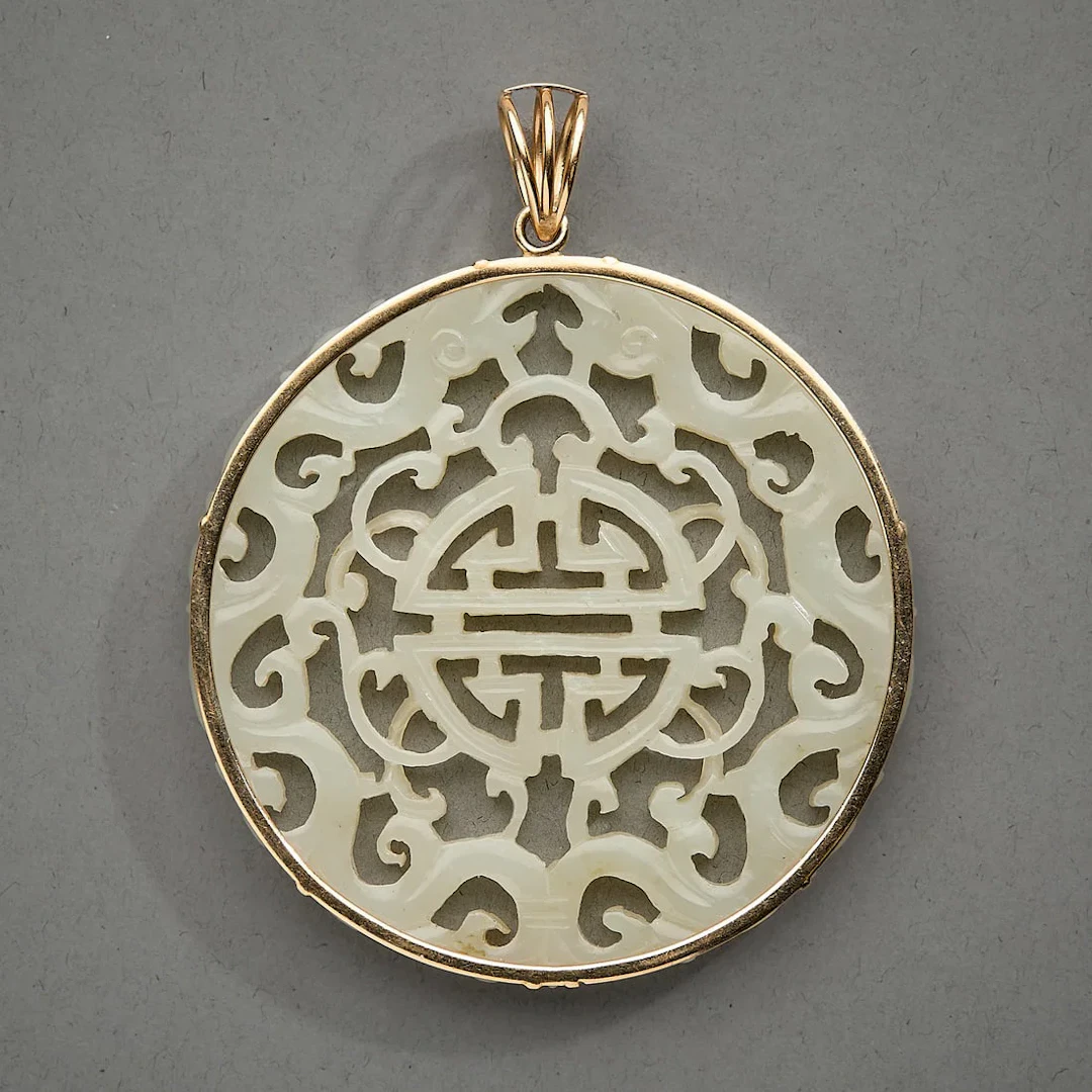 14k Yellow Gold Pierced Shou Jade Pendant