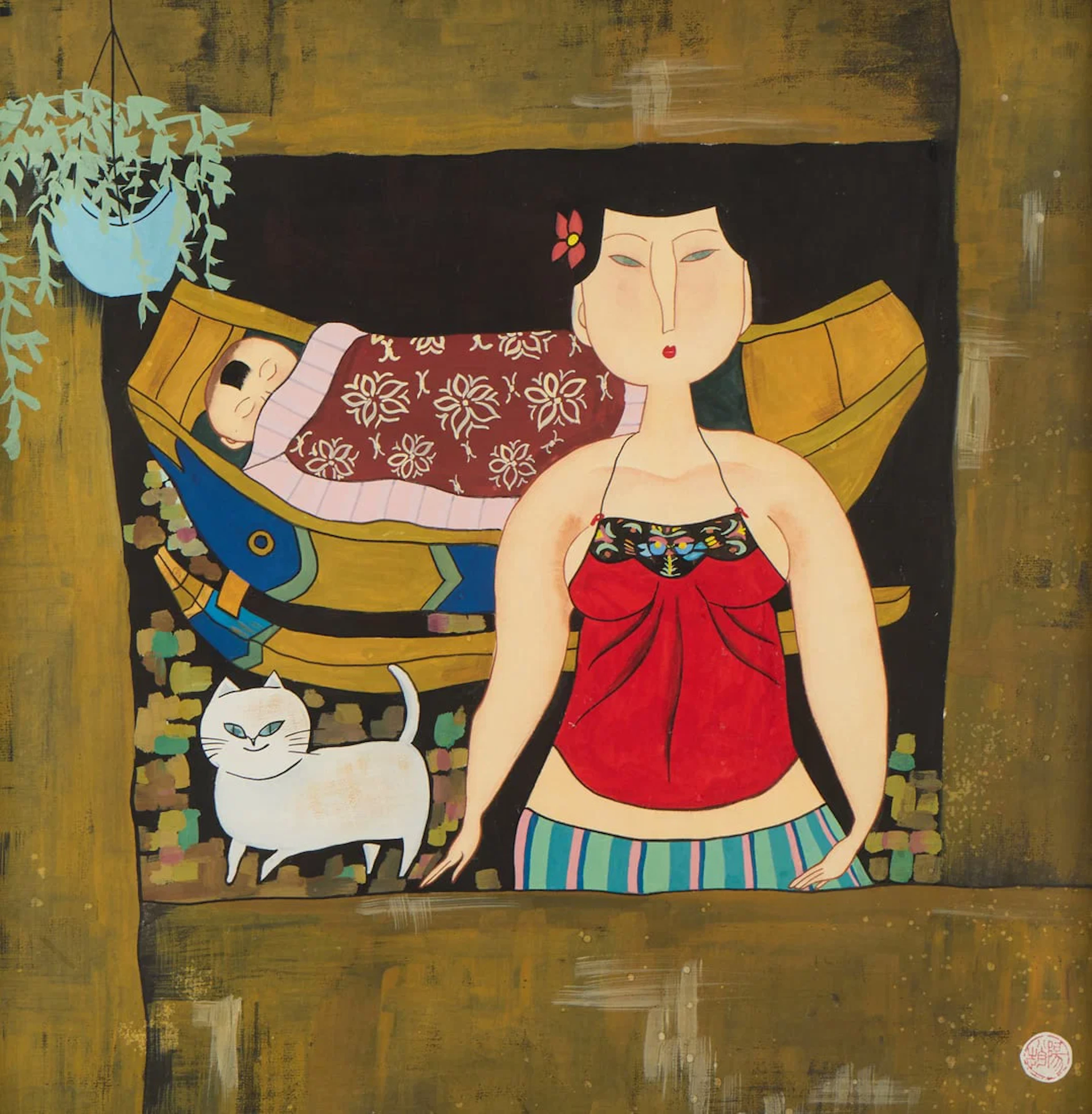 Wu Chi Yong "Mother, Child, & White Cat" Gouache