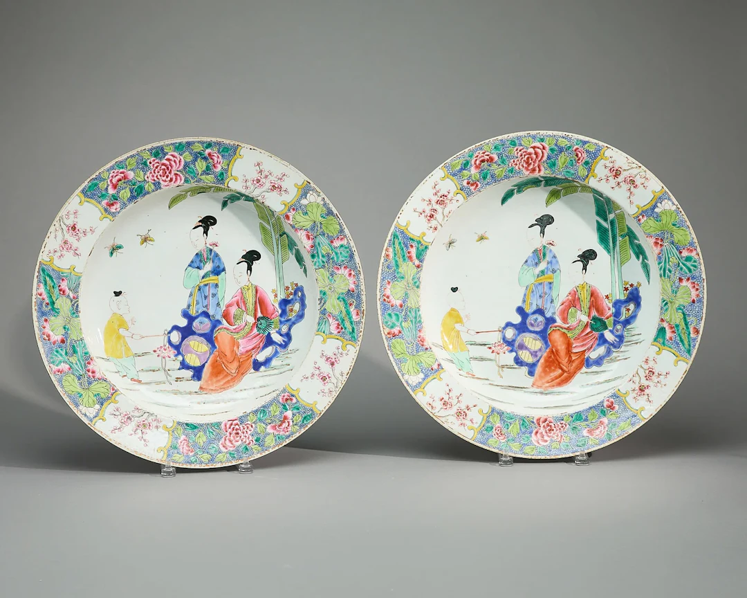 Large Pair Chinese Export Famille Rose Chargers