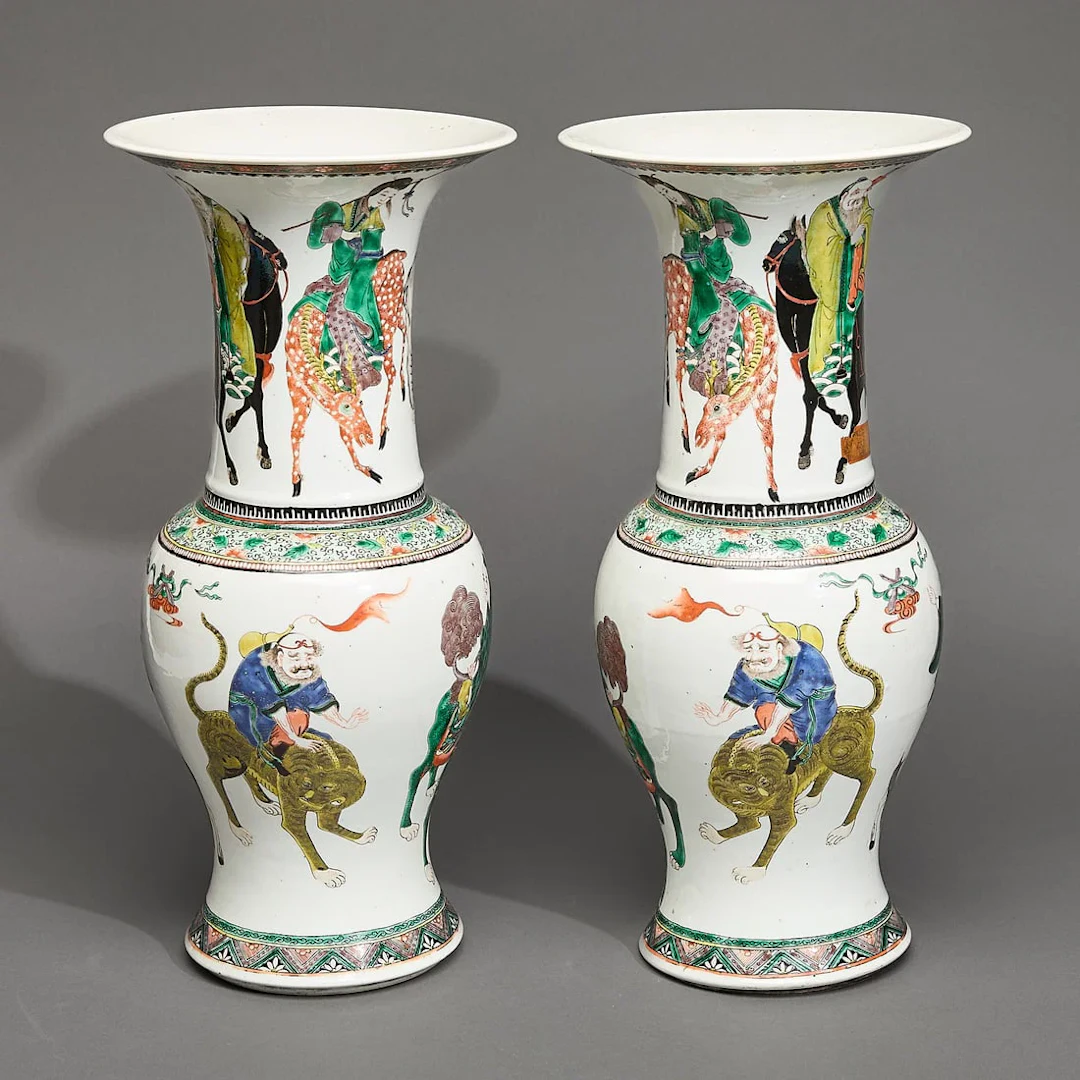 Pr Chinese Famille Verte Porcelain Yen-Yen Vases