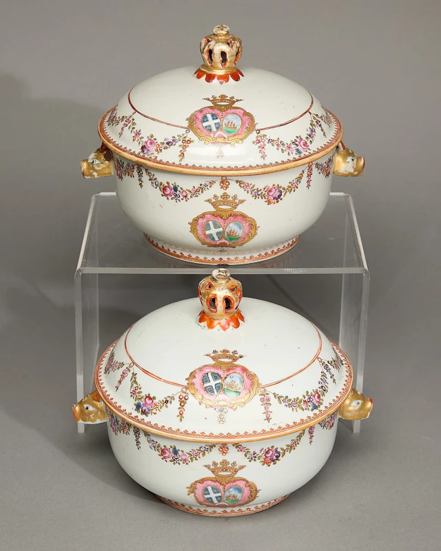 Pair Export Famille Rose Armorial Tureens
