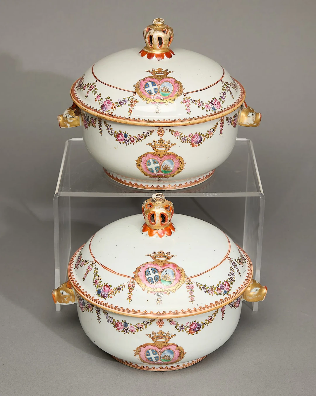 Pair Export Famille Rose Armorial Tureens