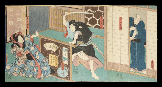 Kunisada/Toyokuni III Dramatic Woodblock Triptych
