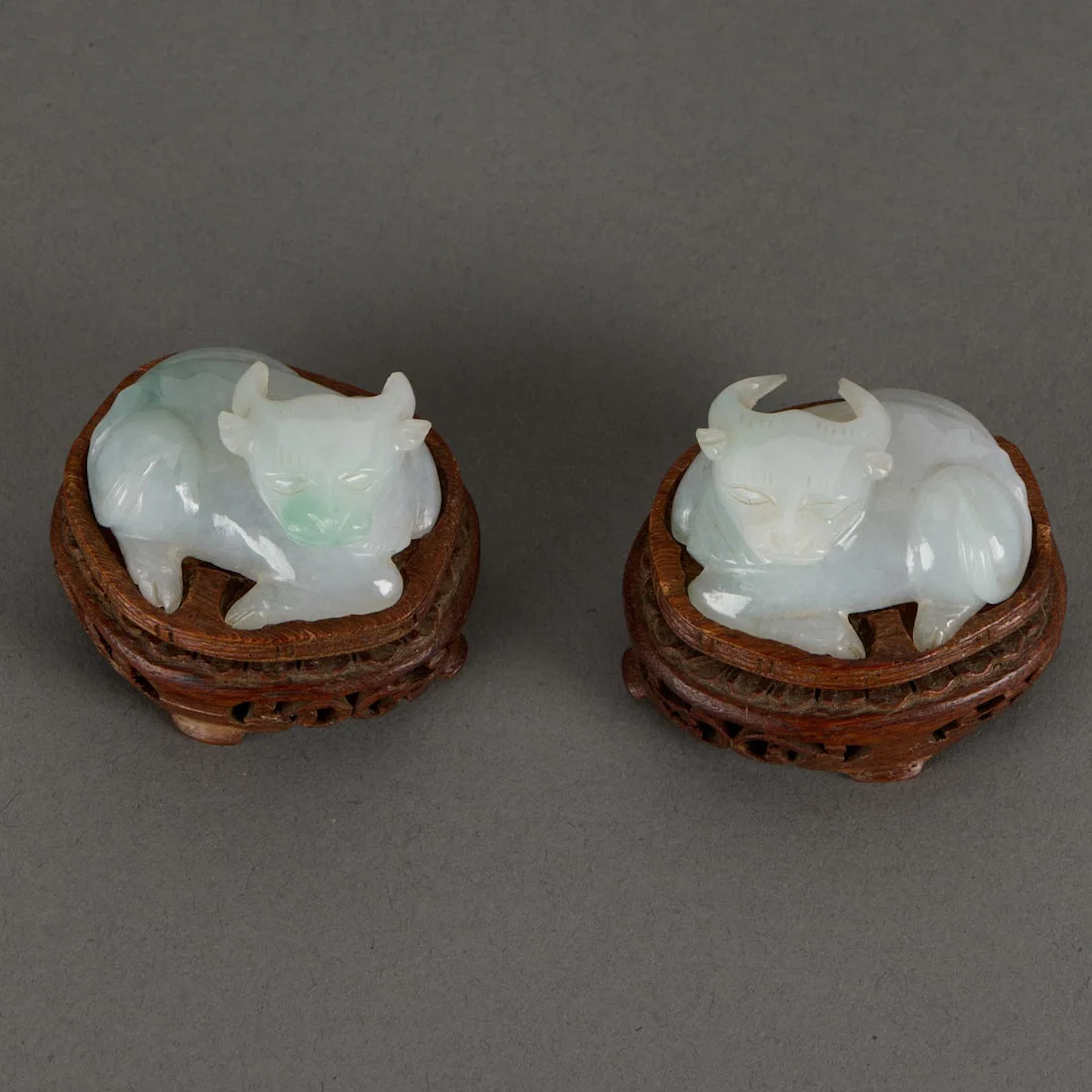 Pr Chinese Translucent White & Green Jadeite Oxen