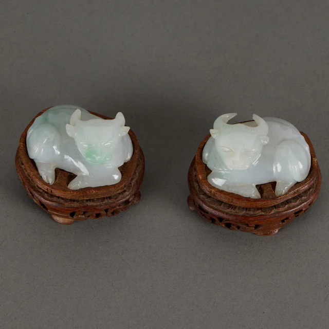 Pr Chinese Translucent White & Green Jadeite Oxen