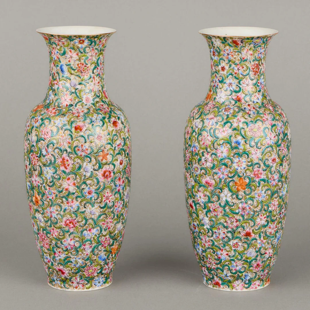 Pr Chinese Qing Porcelain Millefleur Vases