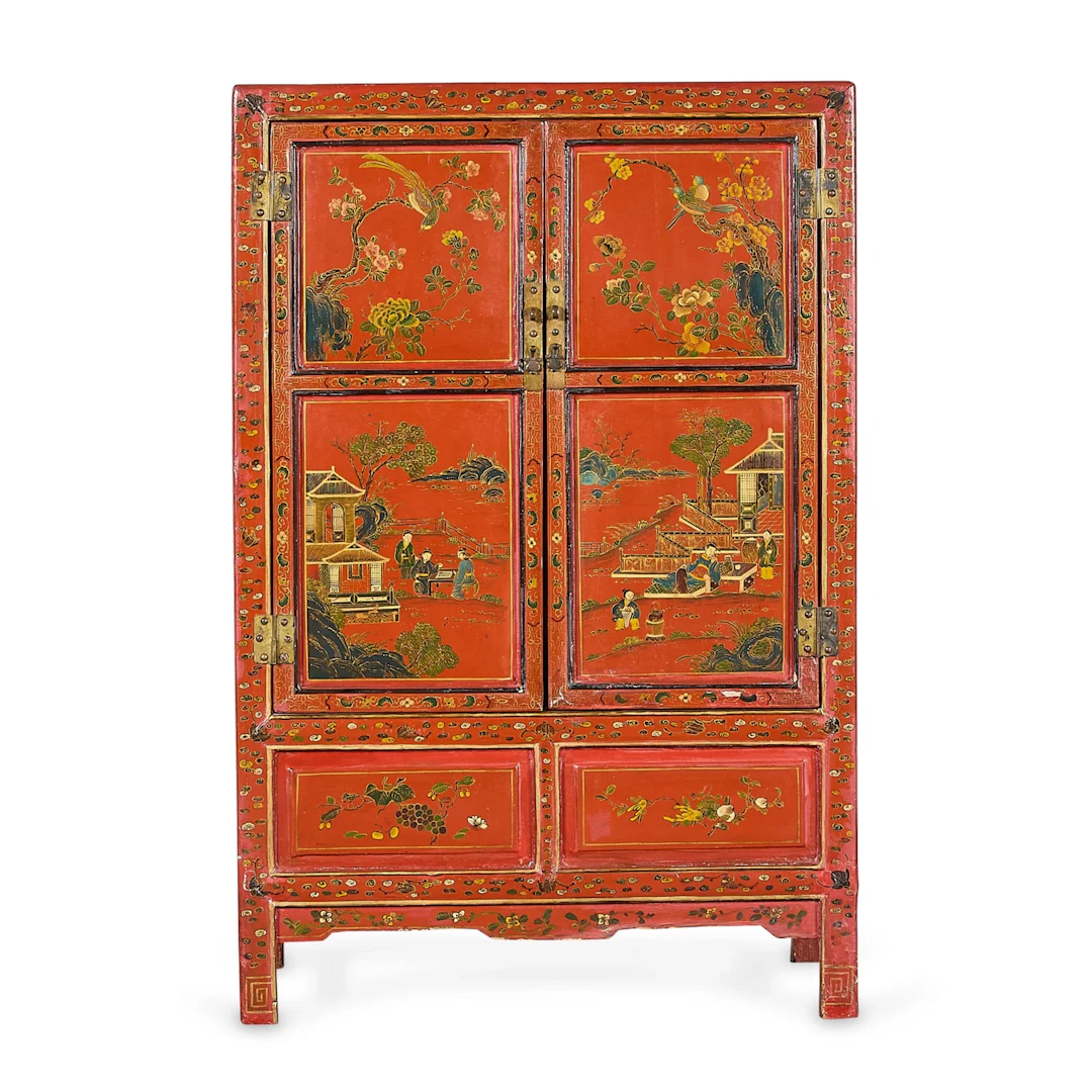 Chinese Polychrome Red Lacquer Wooden Side Cabinet