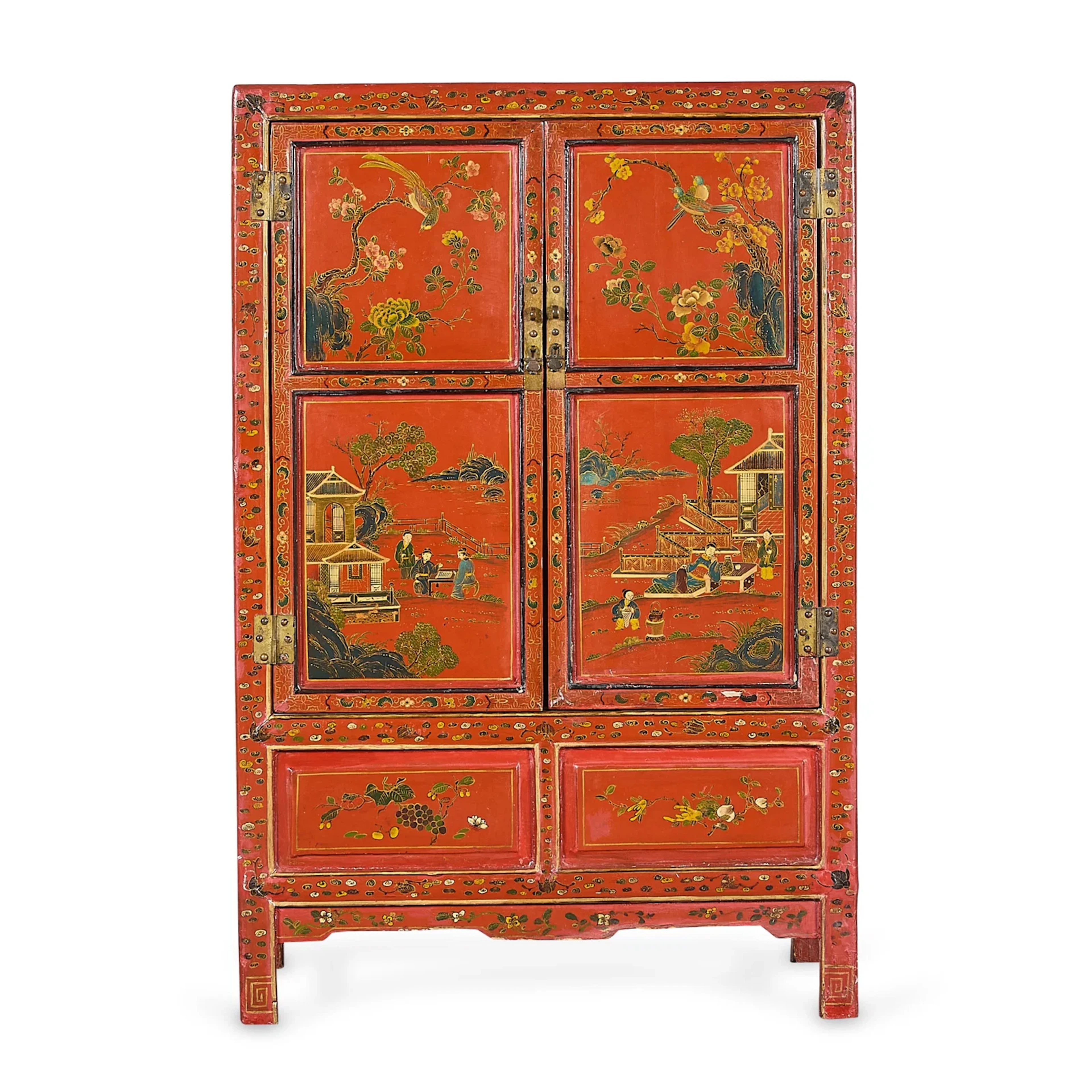 Chinese Polychrome Red Lacquer Wooden Side Cabinet