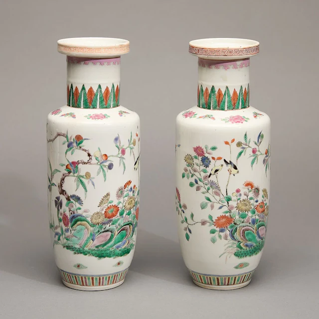 Pr Chinese Qing Famille Verte Floral Rouleau Vases