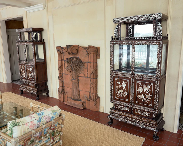 Pr Chinese Lacquered Hardwood & MoP Cabinets