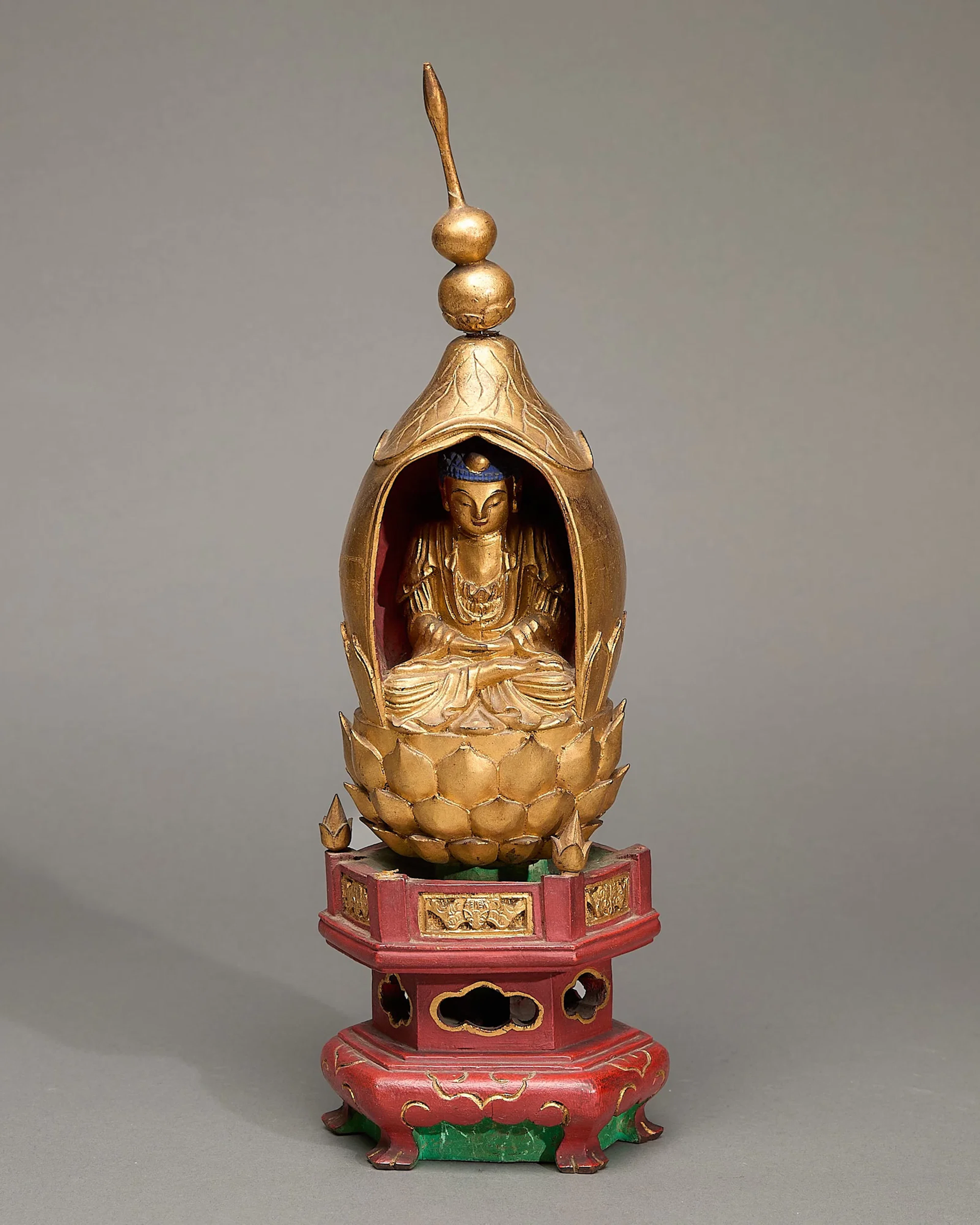 Chinese Buddhist Carved Giltwood Lotus Shrine