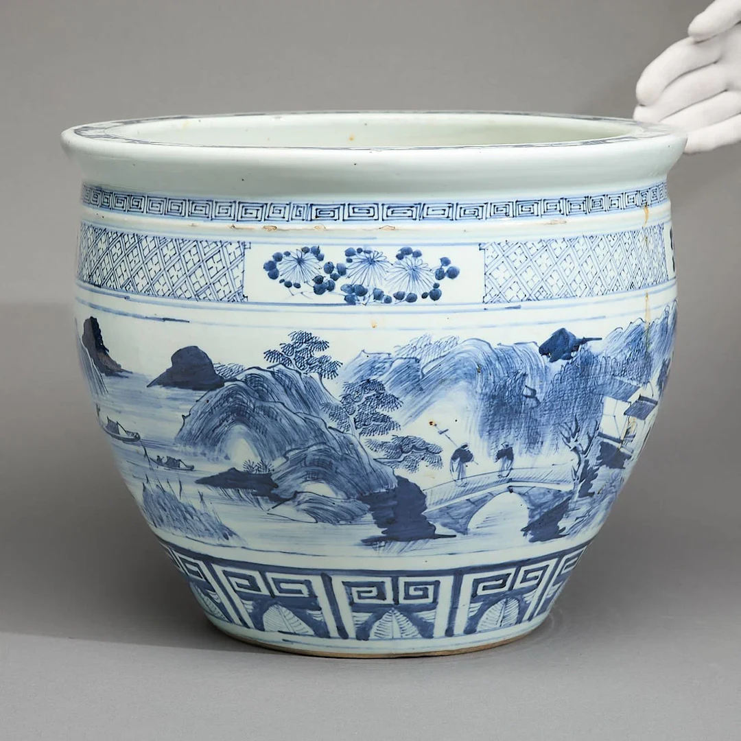 Chinese B&W Porcelain Landscape Jardiniere