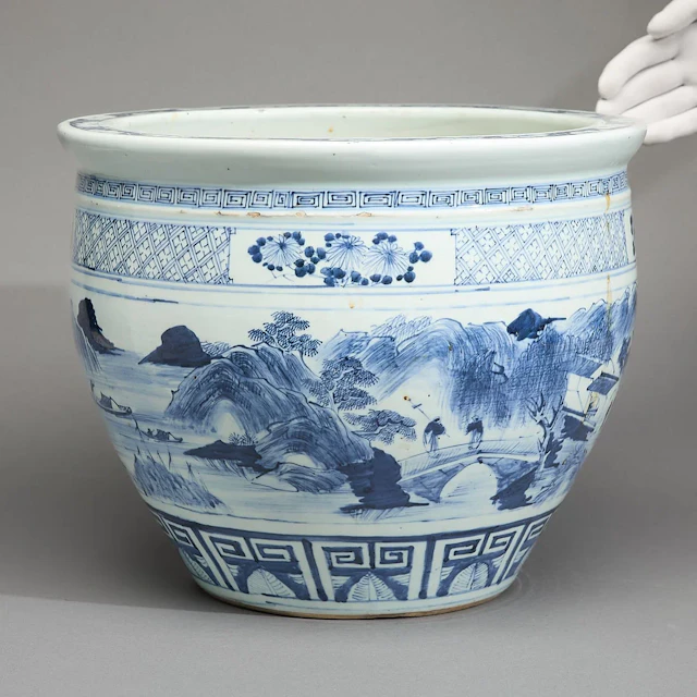 Chinese B&W Porcelain Landscape Jardiniere