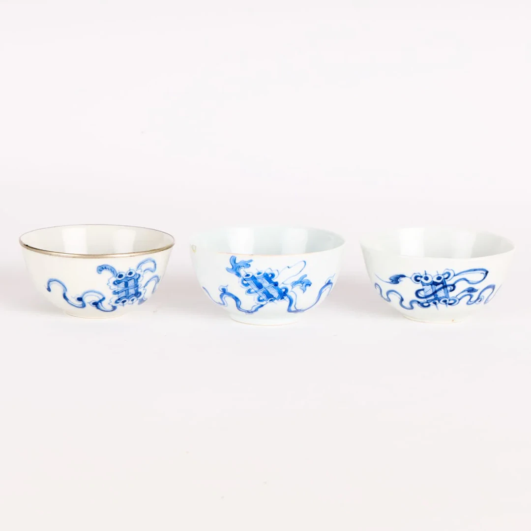 3 Chinese Bleu de Hue Porcelain "Niefu" Mark Bowls