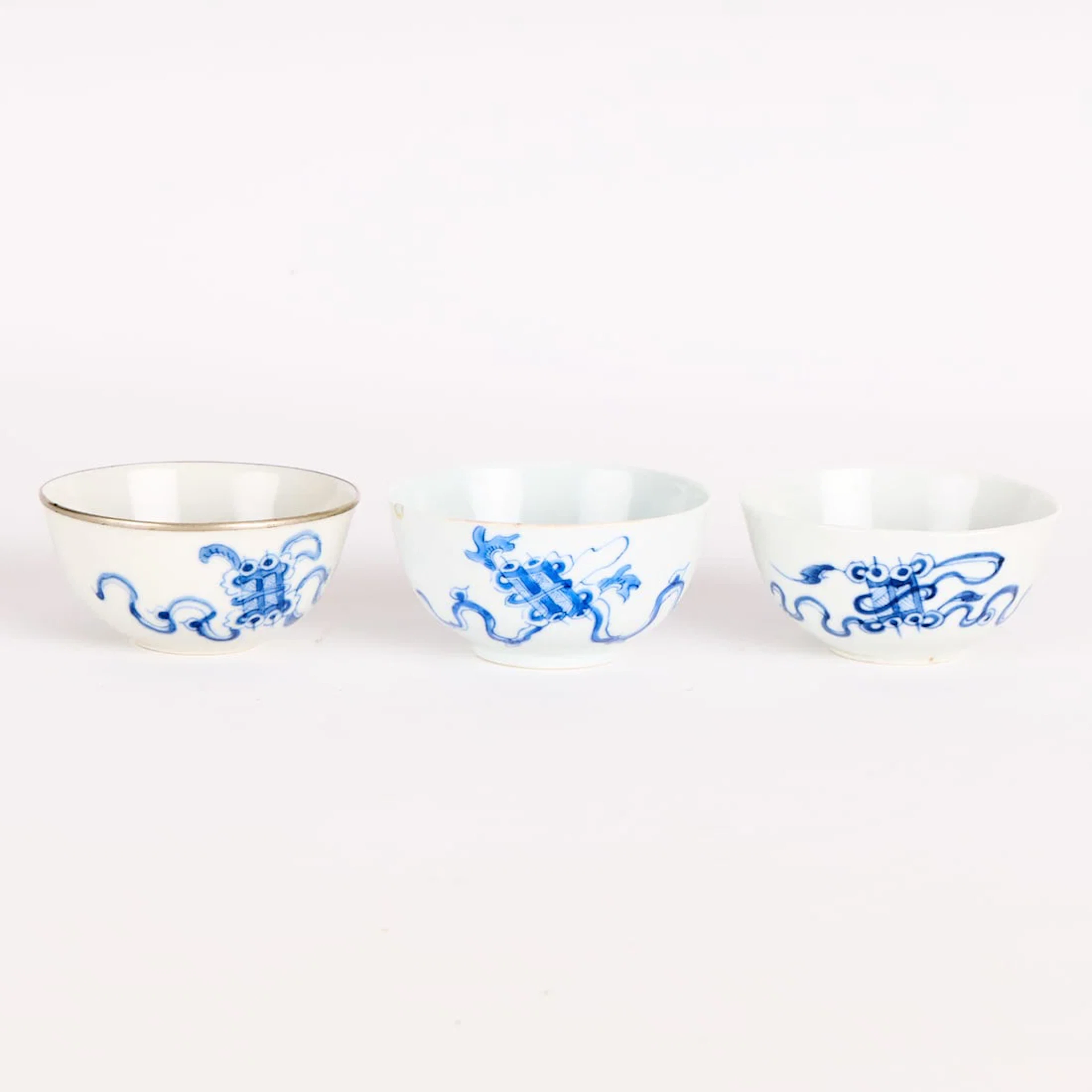 3 Chinese Bleu de Hue Porcelain "Niefu" Mark Bowls
