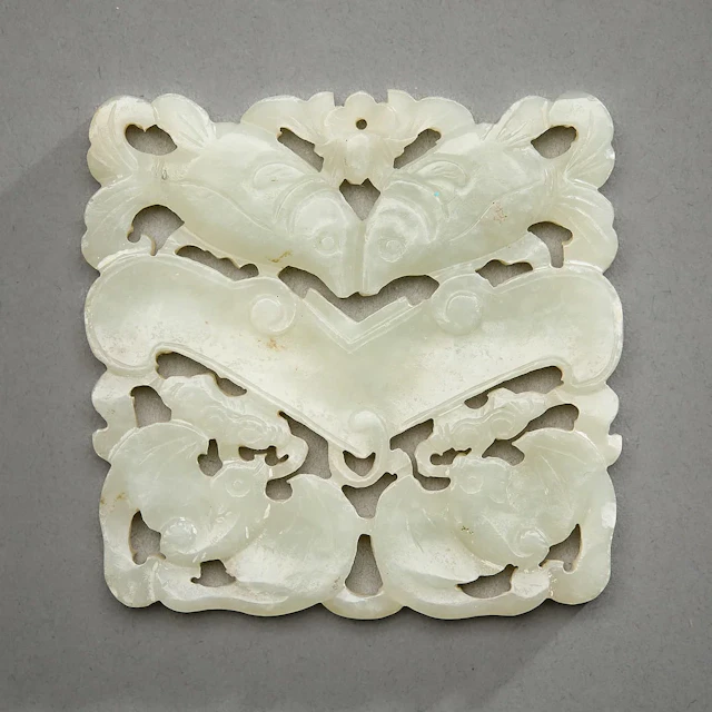 Chinese Carved Fish & Bat Motif Jade Plaque