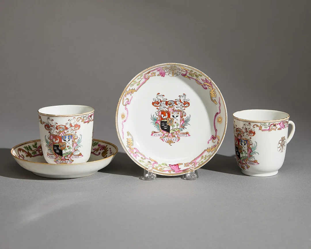 Pair Chinese Export French Armorial Cups & Saucers