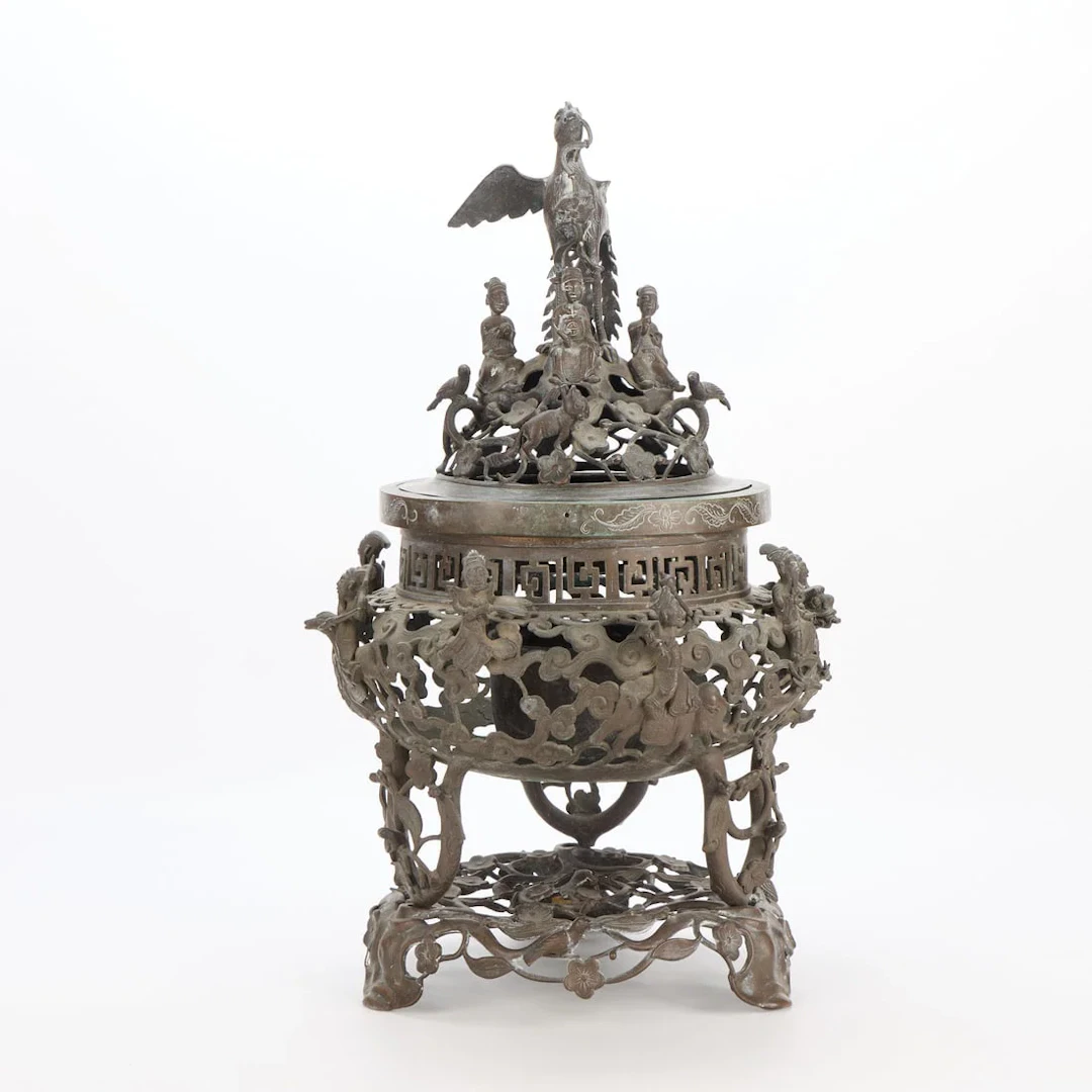Japanese Bronze Reticulated Lidded Figural Censer