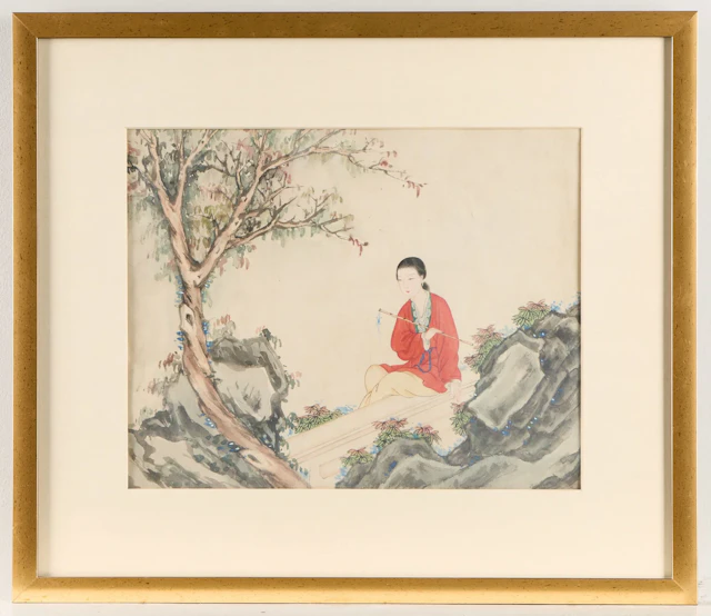 Chinese Seated Beauty Watercolor Painting