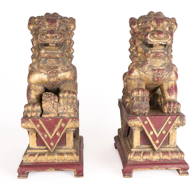 Pr Vintage Chinese Carved Gilt Wood Foo Dogs