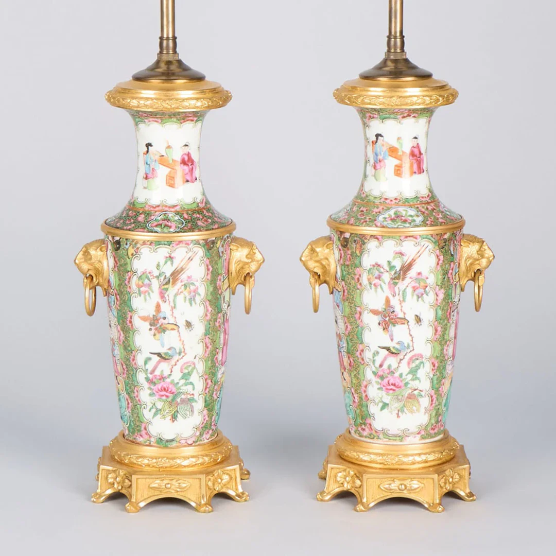 Pr Chinese Export Famille Rose Beaker Vase Lamps