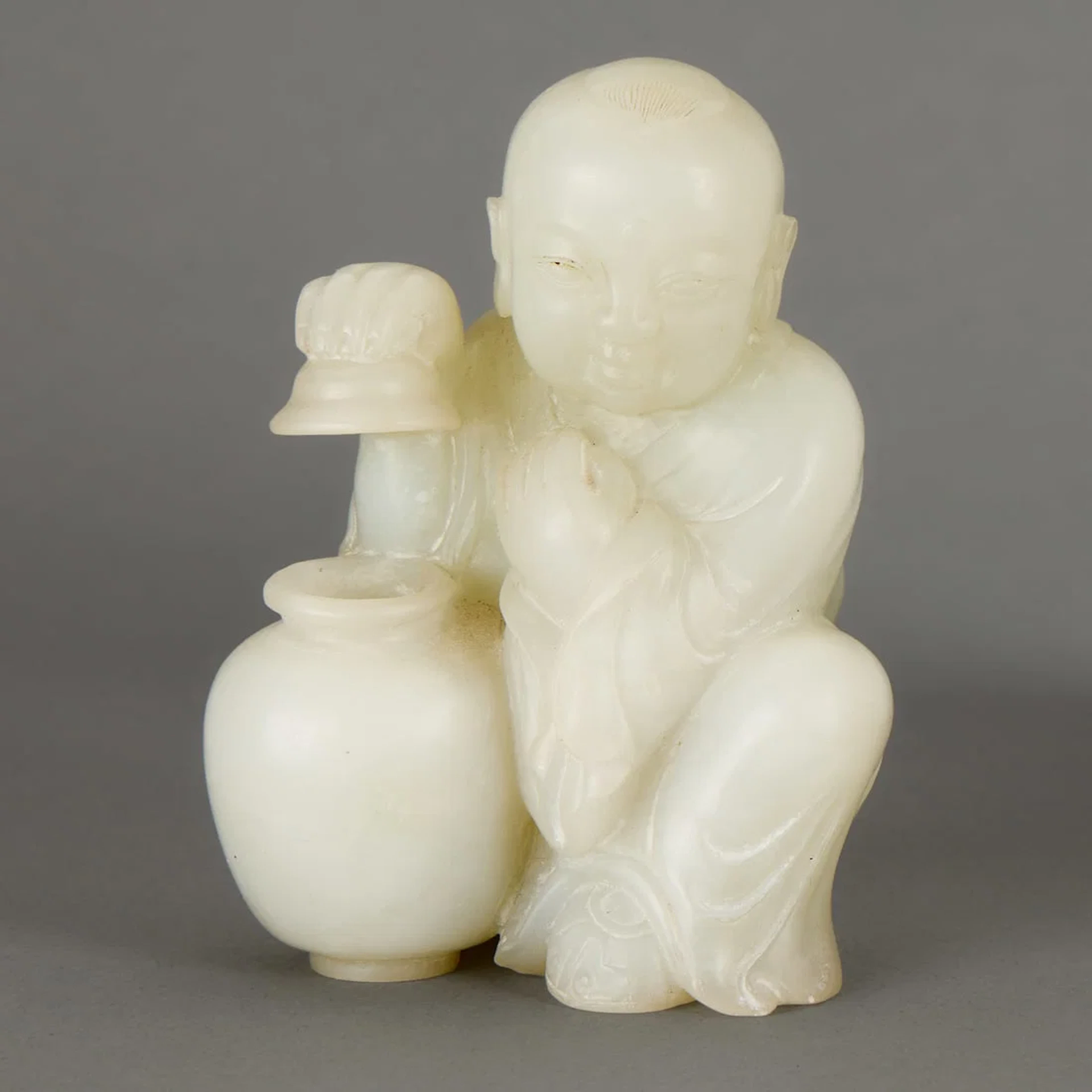 Chinese Finely Carved White Jade Boy & Jar Figure