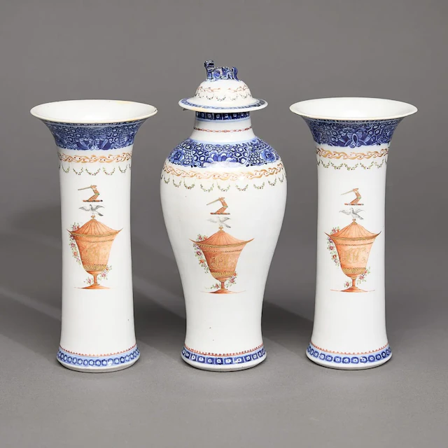 Export Crested & Initialed 3-Vase Garniture Set