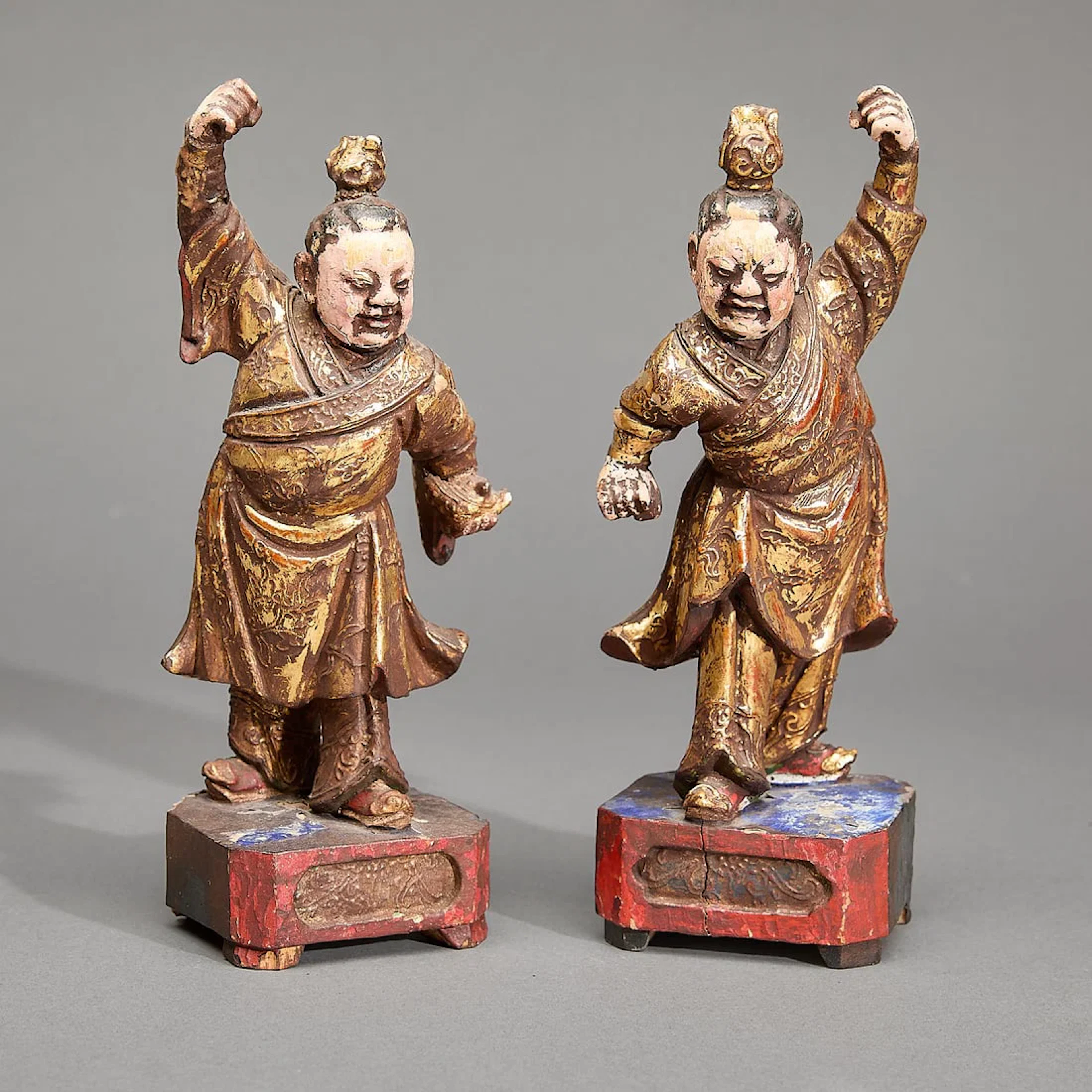 Pr Chinese Qing Carved Polychrome Shrine Figures