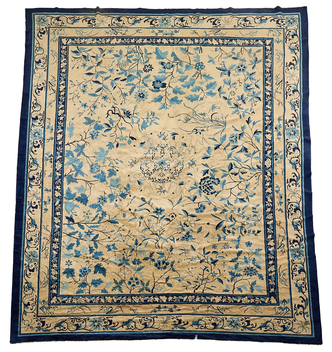 19th c. Chinese Export Floral Blue & Cream Carpet