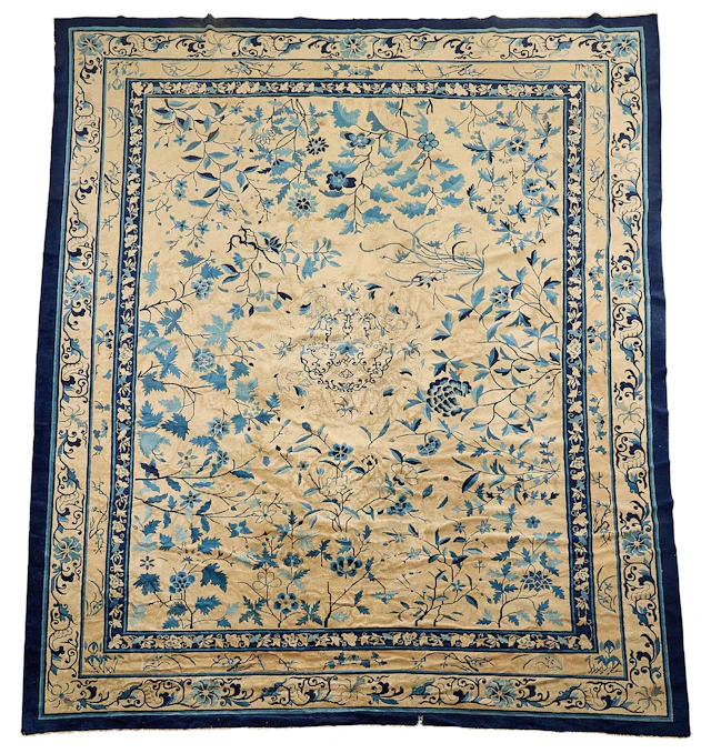 19th c. Chinese Export Floral Blue & Cream Carpet