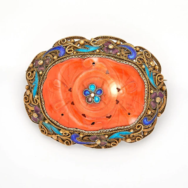 Chinese Export Gilt Silver Filigree & Coral Brooch