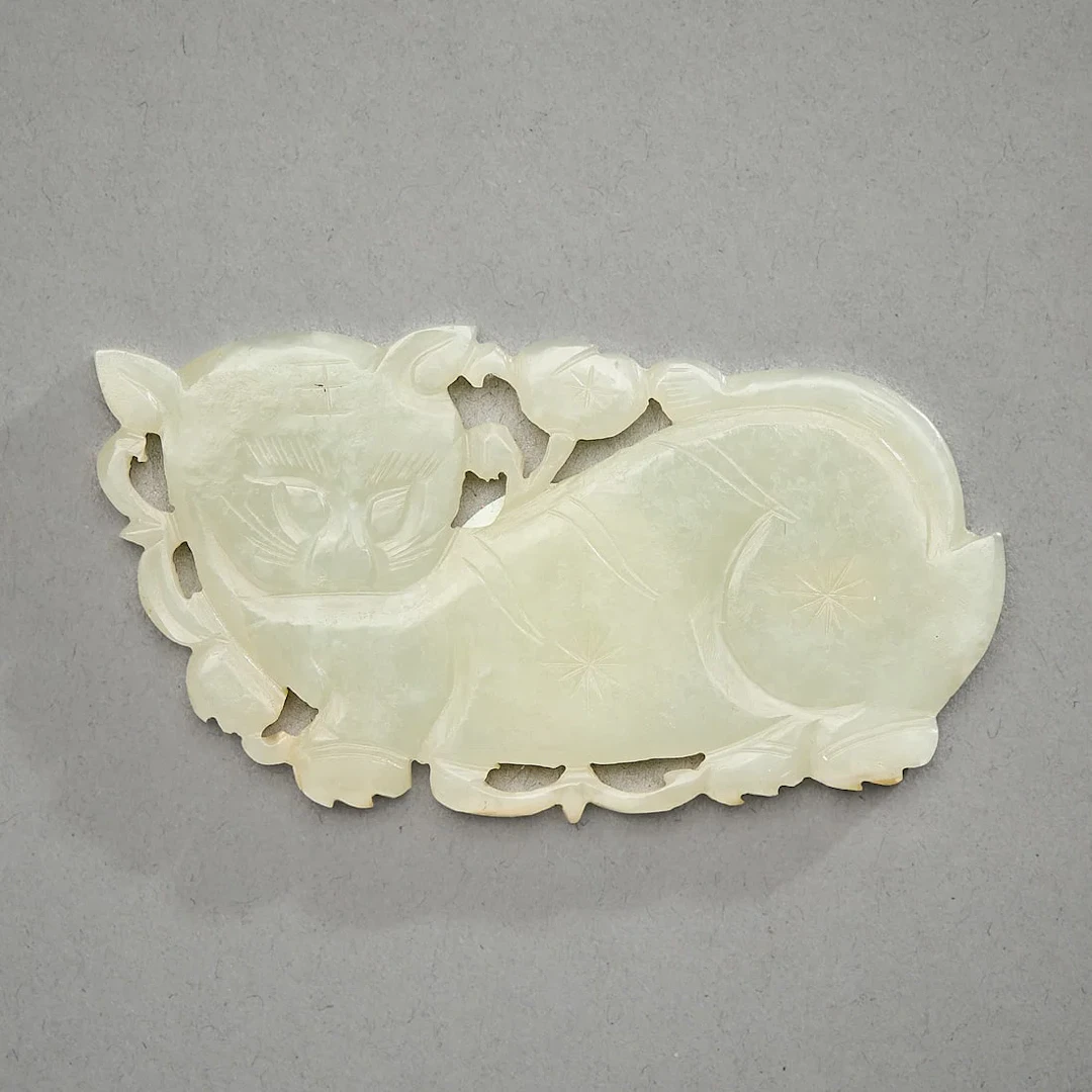 Chinese Carved & Pierced Jade Recumbent Cat Plaque
