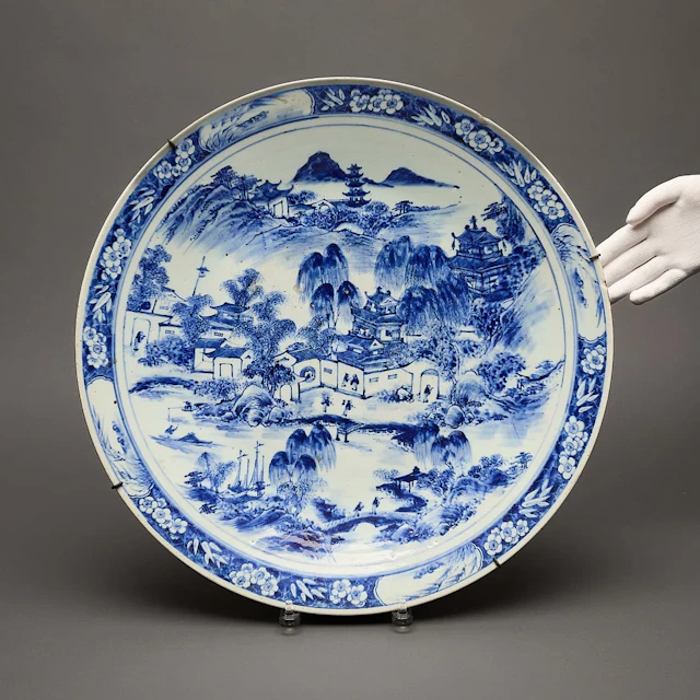 Chinese Qing B&W Porcelain Landscape Charger