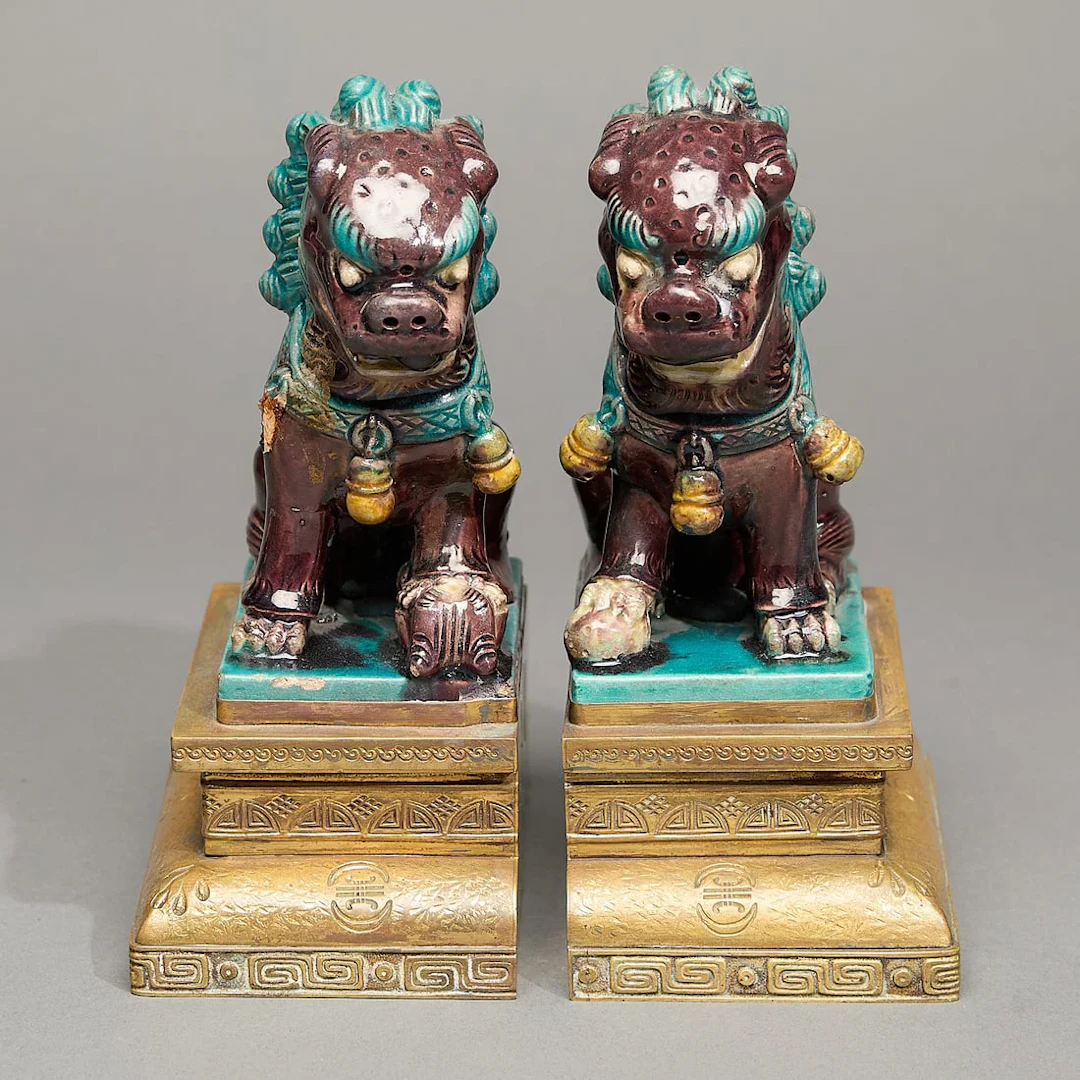 Pr Chinese Qing Glazed Ceramic Foo Dog Bookends