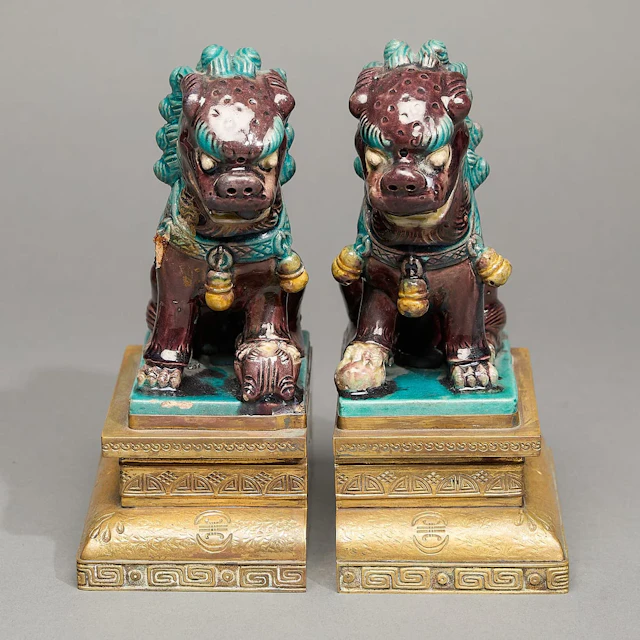 Pr Chinese Qing Glazed Ceramic Foo Dog Bookends